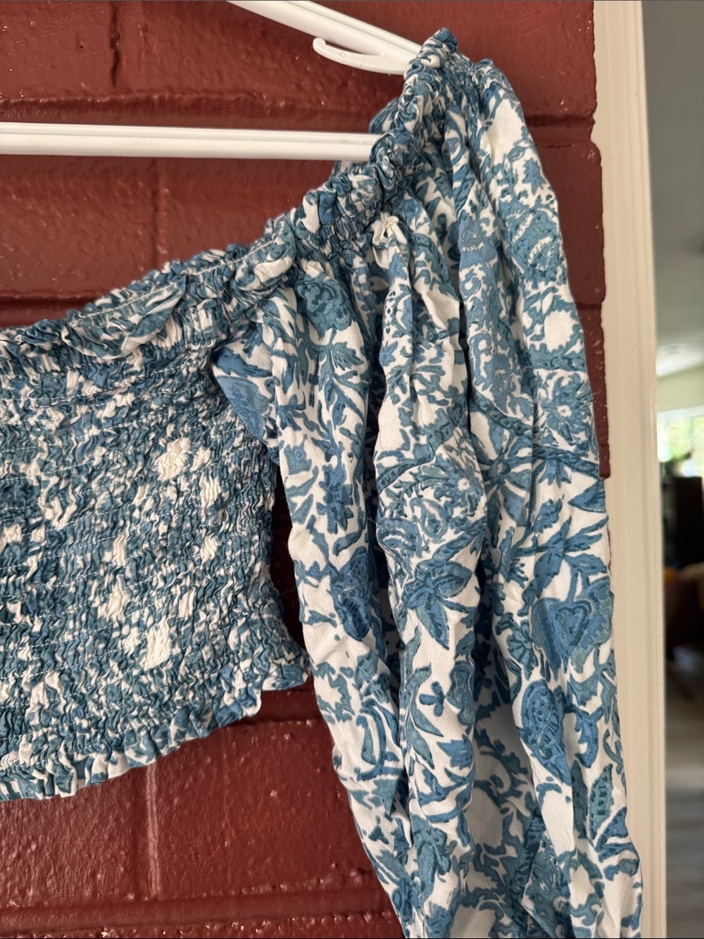 Olivaceous Blue Floral Smocked Off-Shoulder Crop Top - Picture 3 of 6